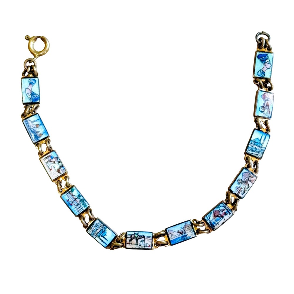 VTG Art Deco‎ Egyptian Scenes panel Bracelet Motif Pyramids Camel Enamel Painted